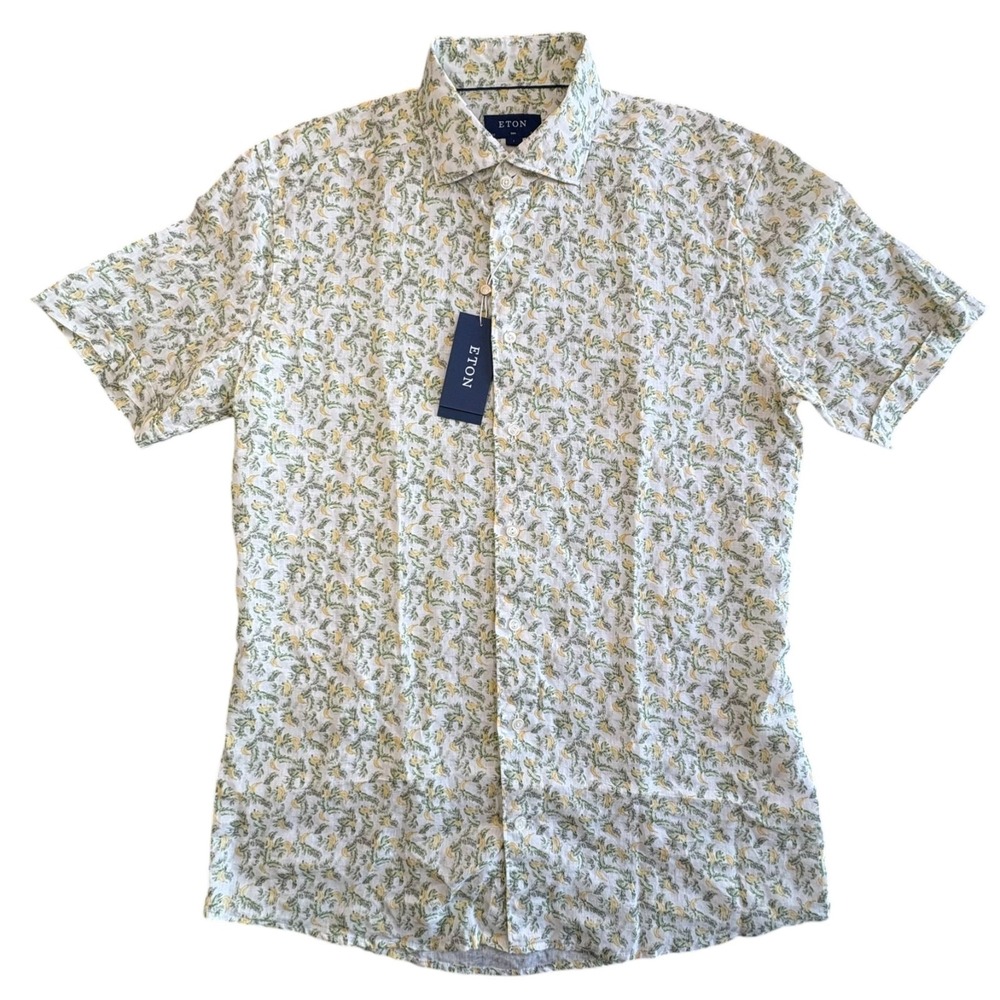 ETON 100% Linen Motif Shirt Mens XXL 18 Slim Fit Tropical Bananas Resort NWT